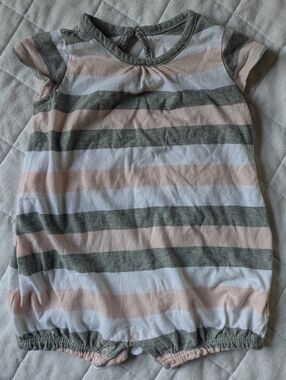Burt's Bees Baby Striped Short Sleeve Romper in Pink, White & Gray